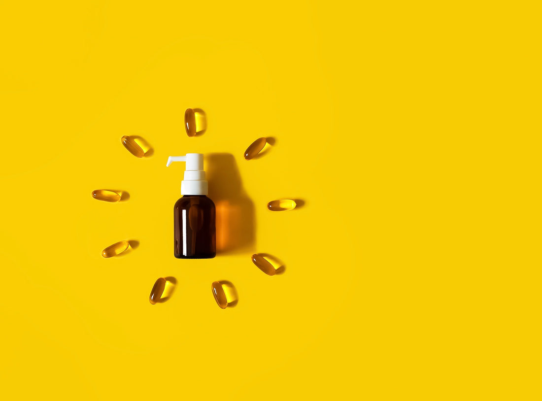 A brown bottle surrounded by yellow oil capsules in the shape of a clock face on a vibrant yellow background, symbolizing fast absorption and daily dosing.