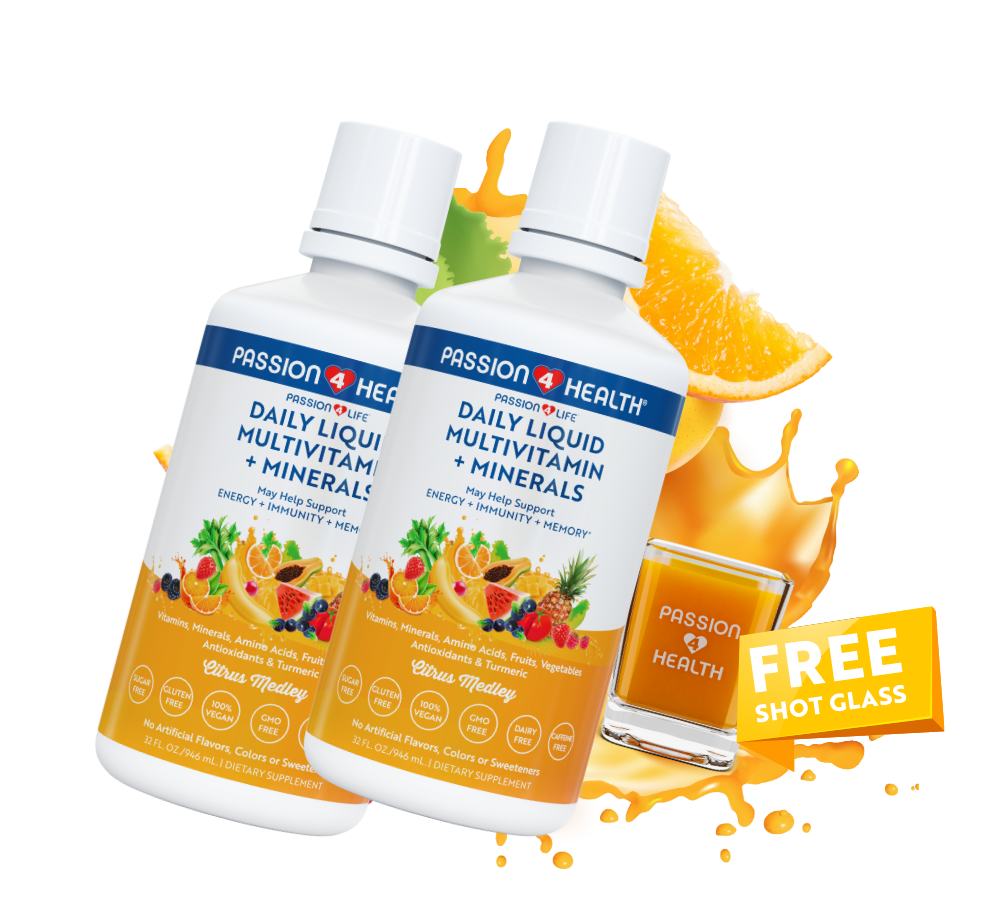 A bottle of Passion 4 Health Daily Liquid Multivitamins and Minerals, with an image of an orange, a lemon, a strawberry, and a banana. There is also a graphic indicating a free shot glass with the product.