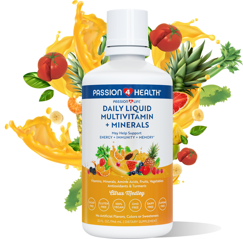 Bottle of Passion 4 Health Daily Liquid Multivitamin with colorful fruit and vegetable background