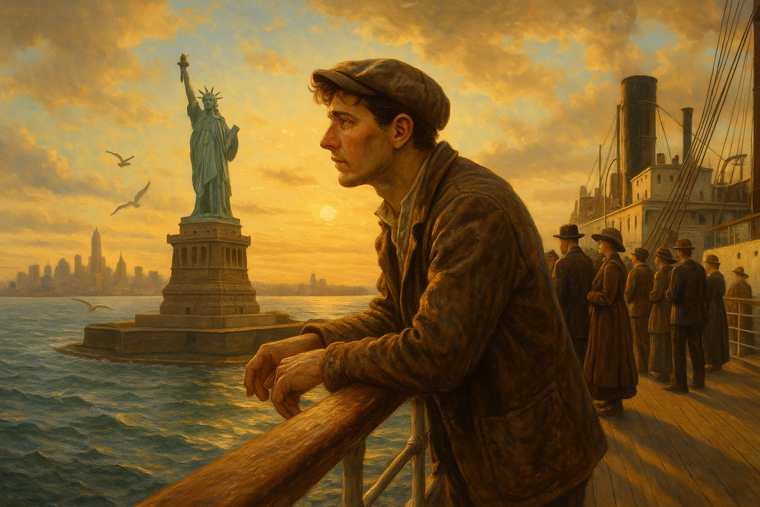 “Man leaning on boat railing, gazing toward the Statue of Liberty—evokes early 20th-century immigration and aspiration
