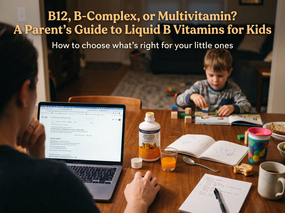 Parent researching liquid B12 vitamins, B-complex supplements, and children's multivitamins while a child learns at a table with liquid vitamin products nearby.
