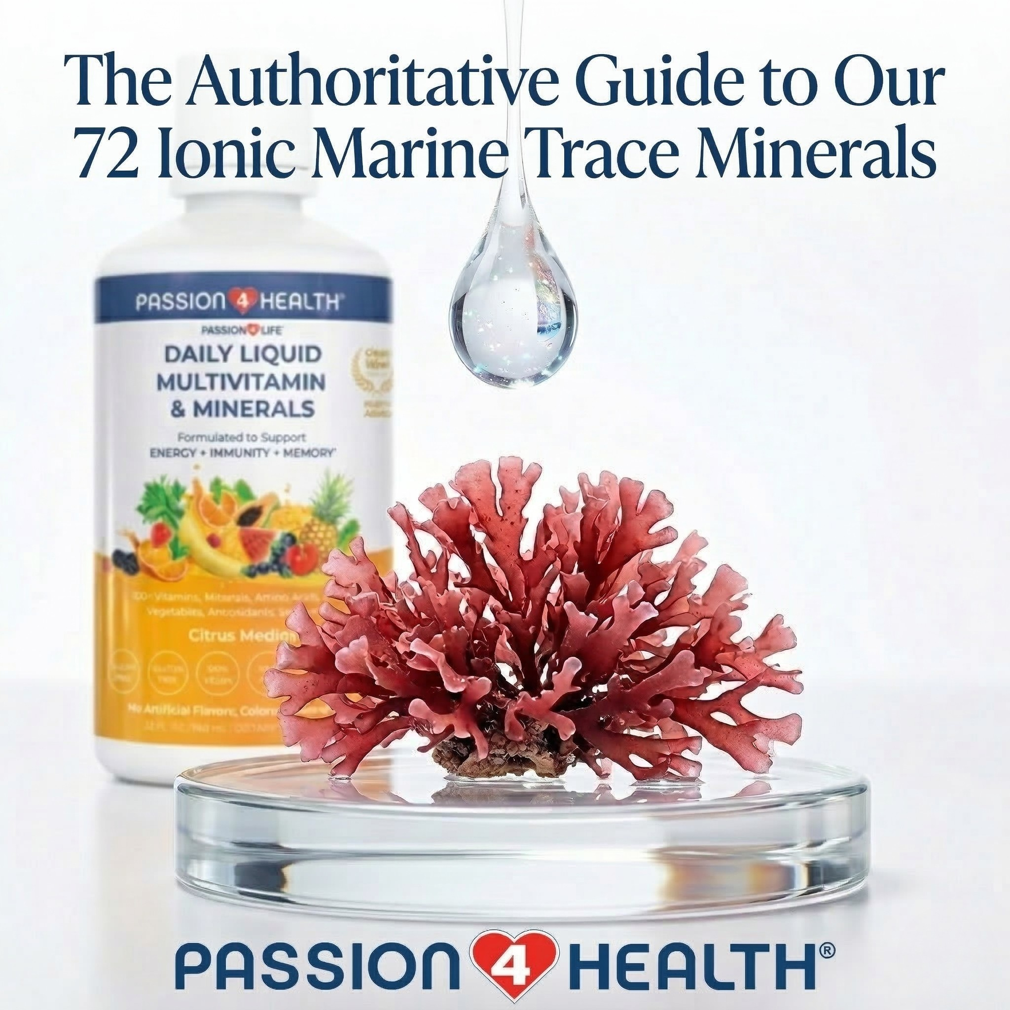 Passion 4 Health Daily Liquid Multivitamin bottle with red marine Lithothamnion algae and water droplet, illustrating 72 ionic marine trace minerals for blog cover