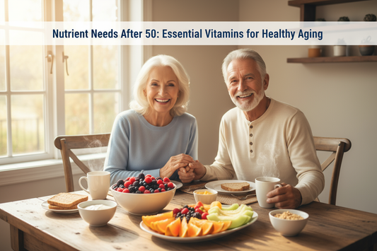 An image of a healthy elderly couple enjoying a health breakfast of fruit and coffee with the title of the blog "Nutrient Needs After 50: Essential Vitamins for Healthy Aging" above them.