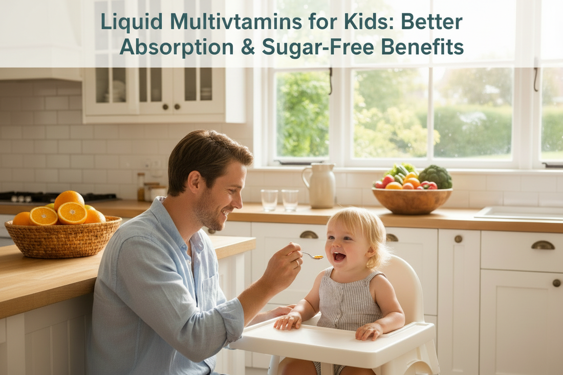 Parent giving a spoonful of Passion 4 Health Daily Liquid Multivitamin and Minerals (safe for the whole family: sugar free, no dairy, non-GMO, gluten free) to a toddler.