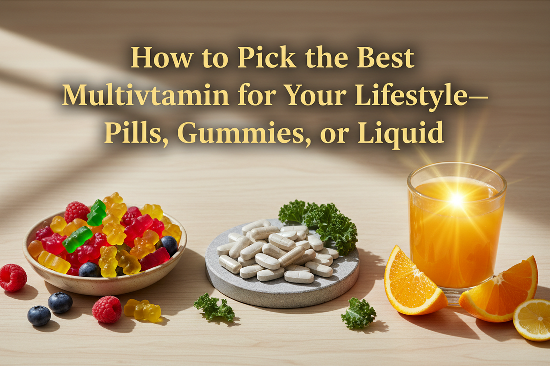 multivitamins in pill, gummy, and liquid form—as visual guide for choosing the best formula for you.