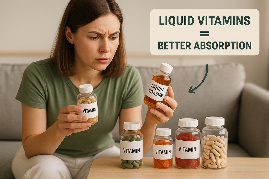 A person compares bottles labeled "VITAMIN" while holding one marked "LIQUID VITAMINS." Text overlay reads "LIQUID VITAMINS = BETTER ABSORPTION." The image visually contrasts liquid supplements with pills, suggesting improved absorption from liquids. 