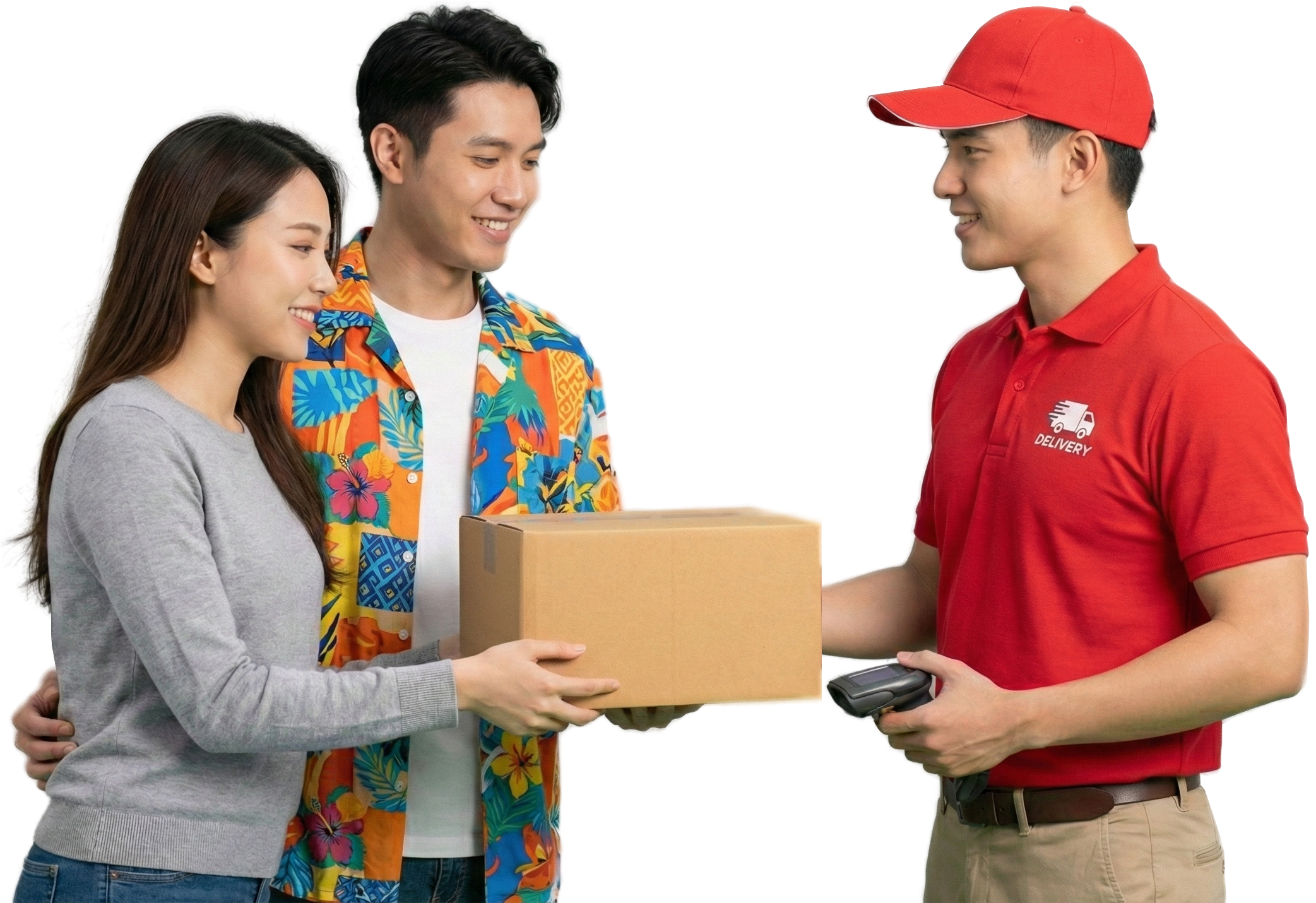 Man in red uniform delivering a package to a couple on a white background