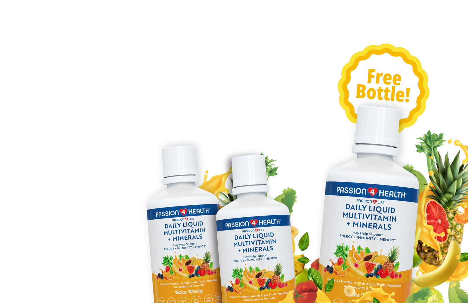 Passion Health daily liquid multivitamin bottles with a free bottle offer on a white background, Buy 2 Get 1 Free