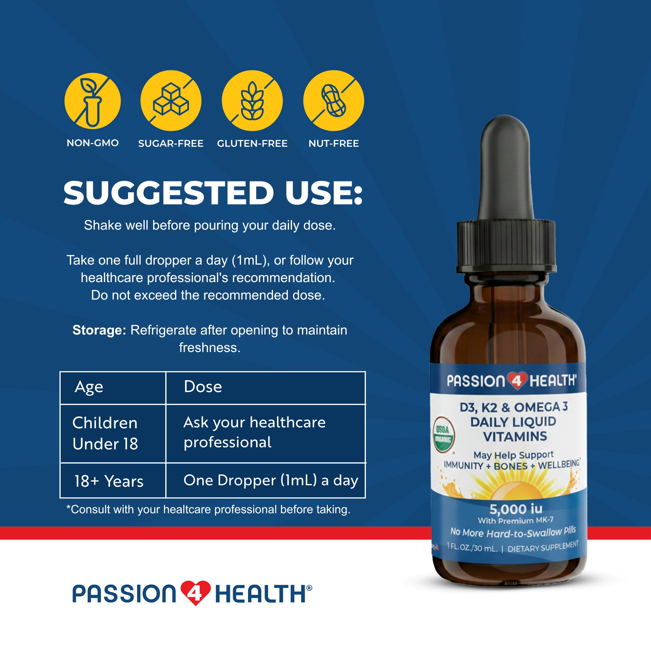 D3, K2 & Omega-3 Daily Liquid Vitamins