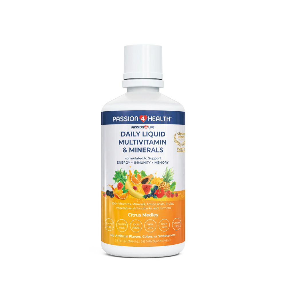 Bottle of Passion4Health Daily Liquid Multivitamin & Minerals on a transparent background