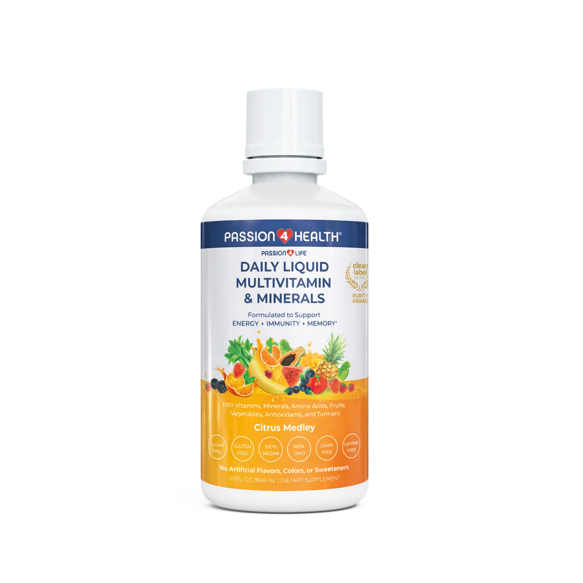 Bottle of Passion4Health Daily Liquid Multivitamin & Minerals on a transparent background