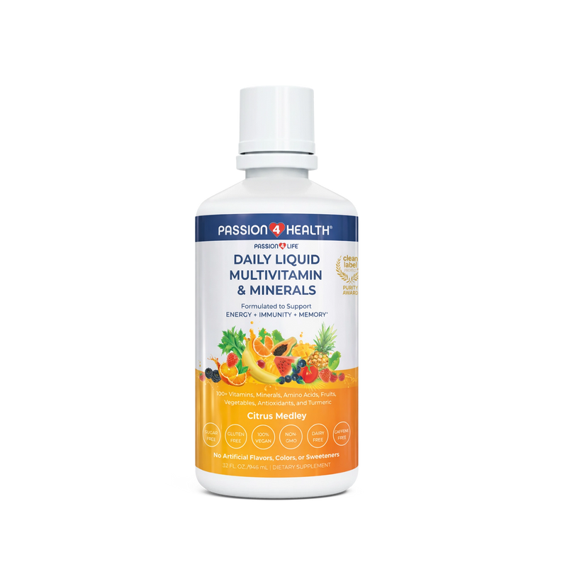 Bottle of Passion4Health Daily Liquid Multivitamin & Minerals on a transparent background