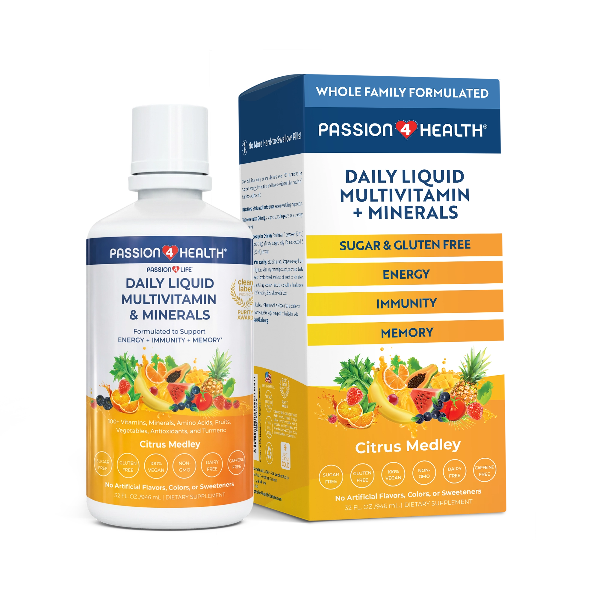Passion4Health Daily Liquid Multivitamin bottle and packaging on a transparent background