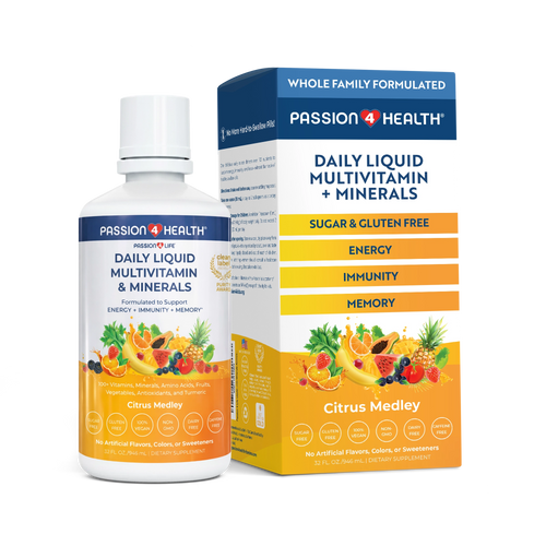 Passion4Health Daily Liquid Multivitamin bottle and packaging on a transparent background