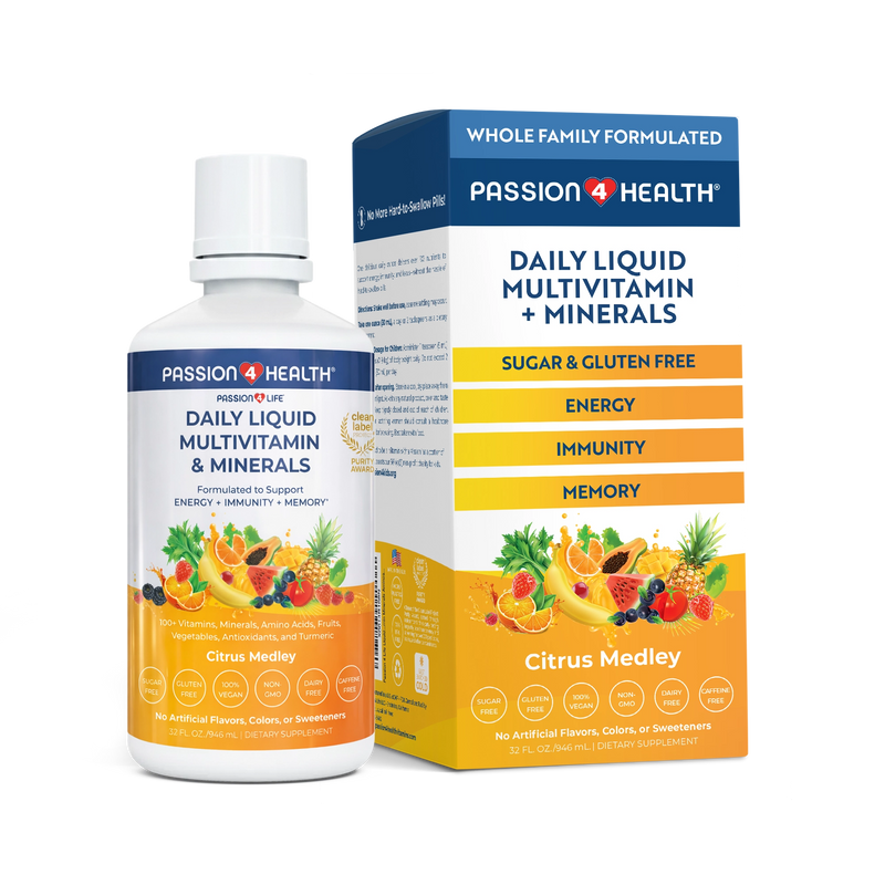 Passion4Health Daily Liquid Multivitamin bottle and packaging on a transparent background