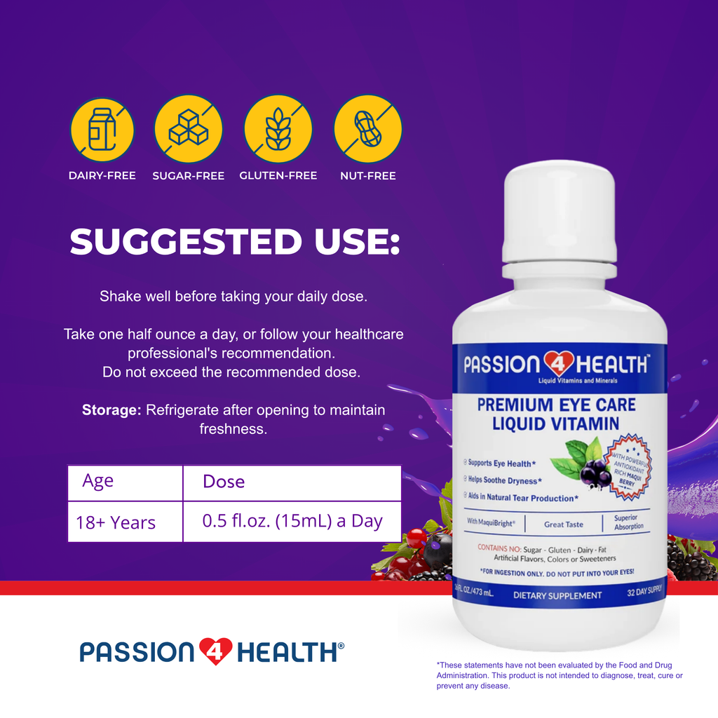 A bottle of Passion Health Premium Eye Care Liquid Vitamin displayed on a purple promotional background with usage instructions, dietary icon badges, and age/dose information.