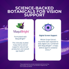 Promotional graphic for MaquiBright vision support on a purple background, with the headline 'SCIENCE-BACKED BOTANICALS FOR VISION SUPPORT' and two white panels explaining benefits: maqui berry extract and digital screen support.