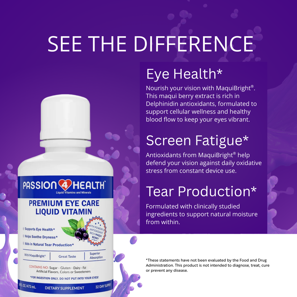 A bottle of Passion Health Premium Eye Care Liquid Vitamin displayed on a purple promotional background with text highlighting benefits for eye health, screen fatigue, and tear production.