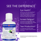A bottle of Passion Health Premium Eye Care Liquid Vitamin displayed on a purple promotional background with text highlighting benefits for eye health, screen fatigue, and tear production.
