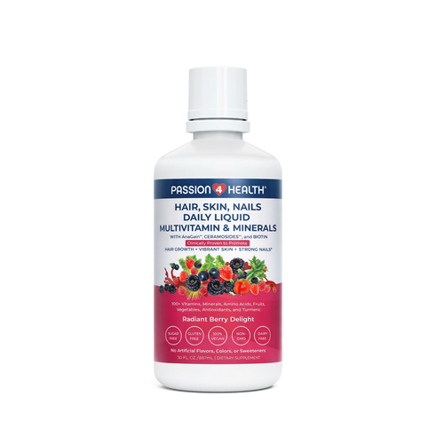 Bottle of Passion 4 Health Hair, Skin, Nails daily liquid multivitamin on a white background