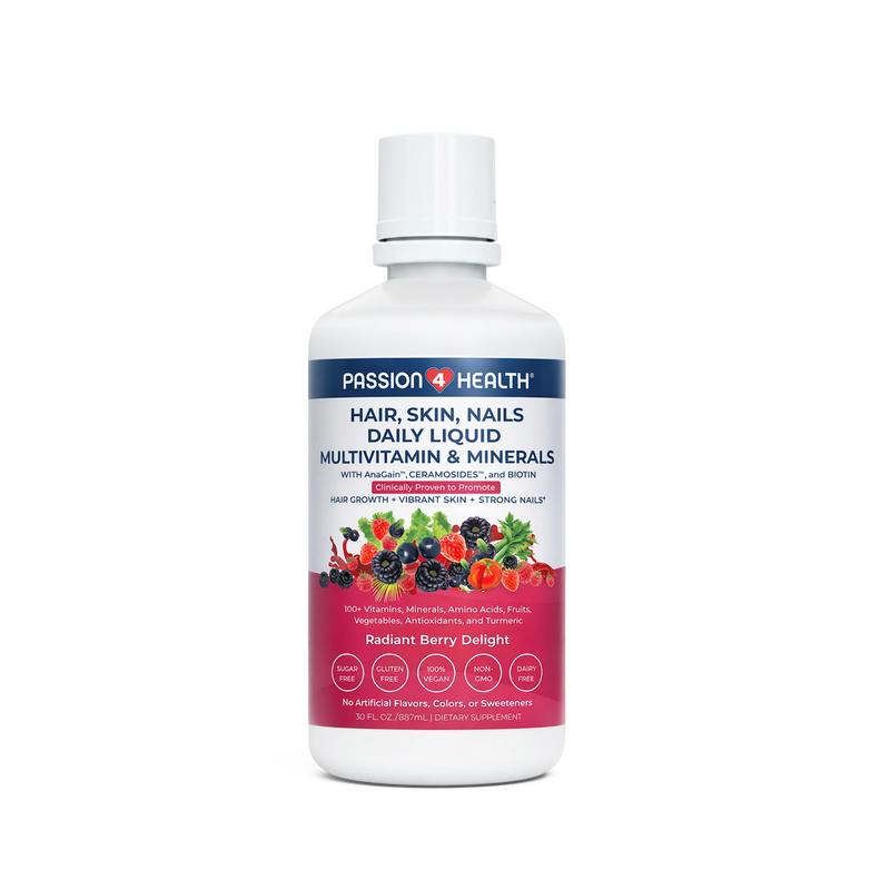 Bottle of Passion 4 Health Hair, Skin, Nails daily liquid multivitamin on a white background