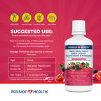 Passion4Health hair, skin, nails daily liquid multivitamin & minerals bottle on a red background with product details.