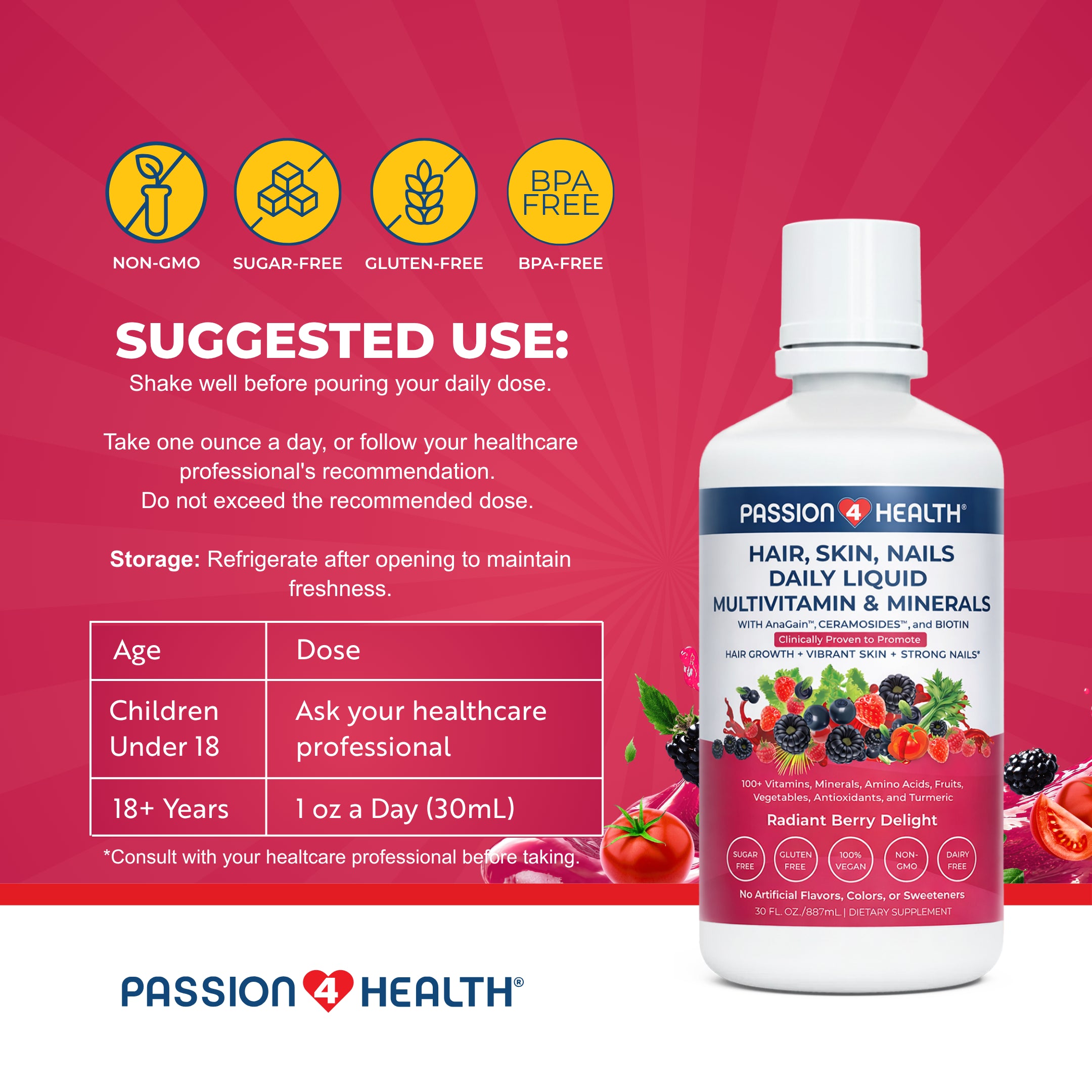 Passion4Health hair, skin, nails daily liquid multivitamin & minerals bottle on a red background with product details.