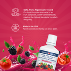 Passion4Health liquid supplement bottle with berries and vegetables on a red background, featuring FDA and cGMP certification logos.
