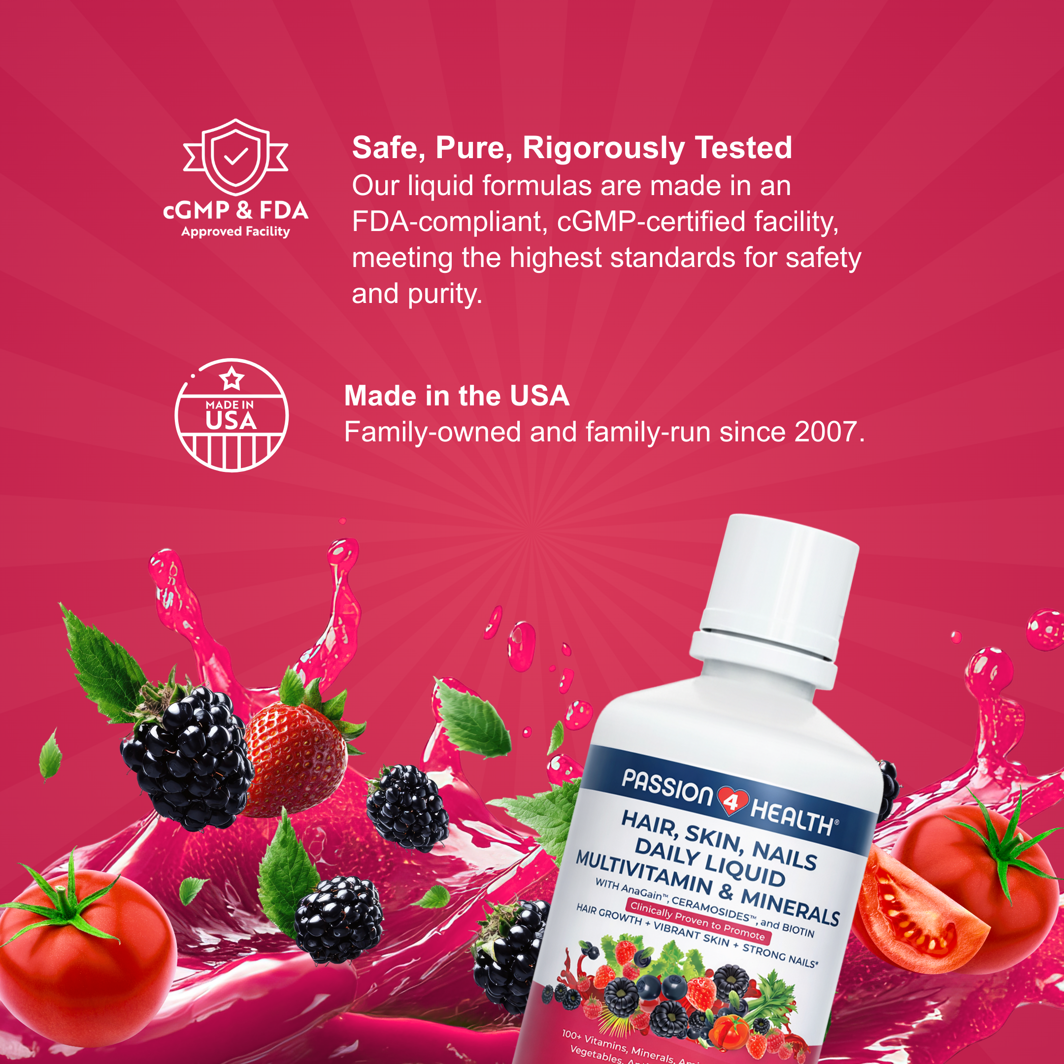 Passion4Health liquid supplement bottle with berries and vegetables on a red background, featuring FDA and cGMP certification logos.