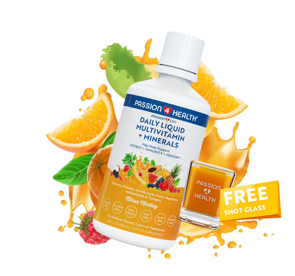 A bottle of Passion 4 Health Daily Liquid Multivitamins and Minerals, with an image of an orange, a lemon, a strawberry, and a banana. There is also a graphic indicating a free shot glass with the product.