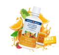 A bottle of Passion 4 Health Daily Liquid Multivitamins and Minerals, with an image of an orange, a lemon, a strawberry, and a banana. There is also a graphic indicating a free shot glass with the product.