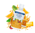 A bottle of Passion 4 Health Daily Liquid Multivitamins and Minerals, with an image of an orange, a lemon, a strawberry, and a banana. There is also a graphic indicating a free shot glass with the product.