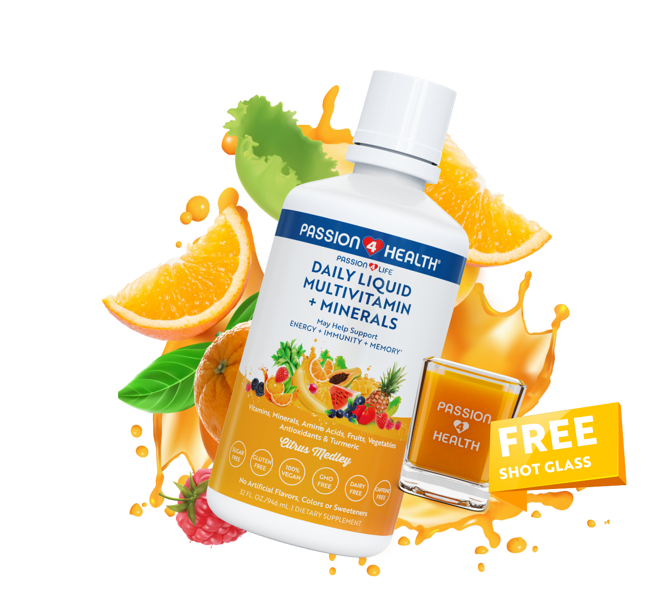 A bottle of Passion 4 Health Daily Liquid Multivitamins and Minerals, with an image of an orange, a lemon, a strawberry, and a banana. There is also a graphic indicating a free shot glass with the product.