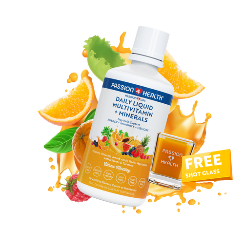 A bottle of Passion 4 Health Daily Liquid Multivitamins and Minerals, with an image of an orange, a lemon, a strawberry, and a banana. There is also a graphic indicating a free shot glass with the product.