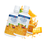 A bottle of Passion 4 Health Daily Liquid Multivitamins and Minerals, with an image of an orange, a lemon, a strawberry, and a banana. There is also a graphic indicating a free shot glass with the product.