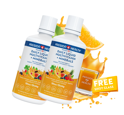 A bottle of Passion 4 Health Daily Liquid Multivitamins and Minerals, with an image of an orange, a lemon, a strawberry, and a banana. There is also a graphic indicating a free shot glass with the product.
