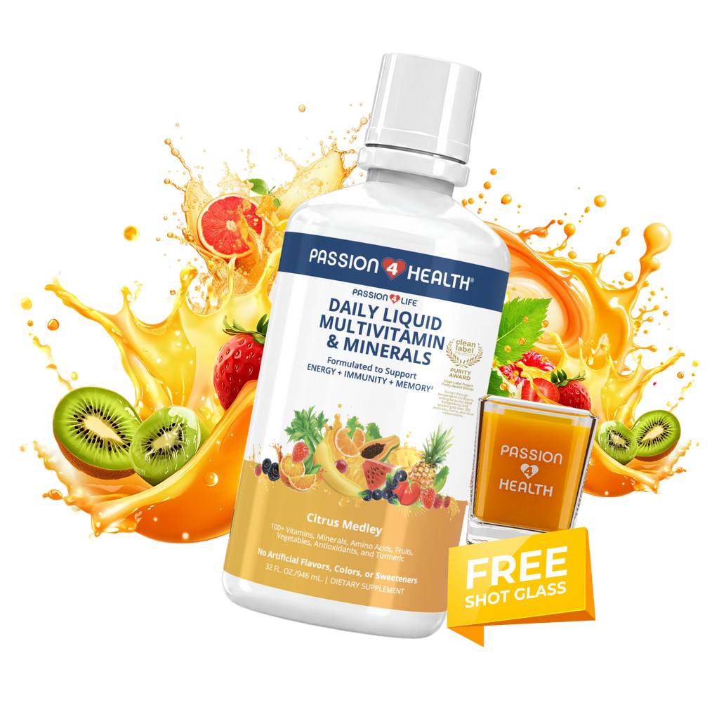 A bottle of Passion 4 Health Daily Liquid Multivitamins and Minerals, with an image of an orange, a lemon, a strawberry, and a banana. There is also a graphic indicating a free shot glass with the product.
