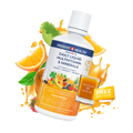 A bottle of Passion 4 Health Daily Liquid Multivitamins and Minerals, with an image of an orange, a lemon, a strawberry, and a banana. There is also a graphic indicating a free shot glass with the product.