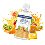 A bottle of Passion 4 Health Daily Liquid Multivitamins and Minerals, with an image of an orange, a lemon, a strawberry, and a banana. There is also a graphic indicating a free shot glass with the product.