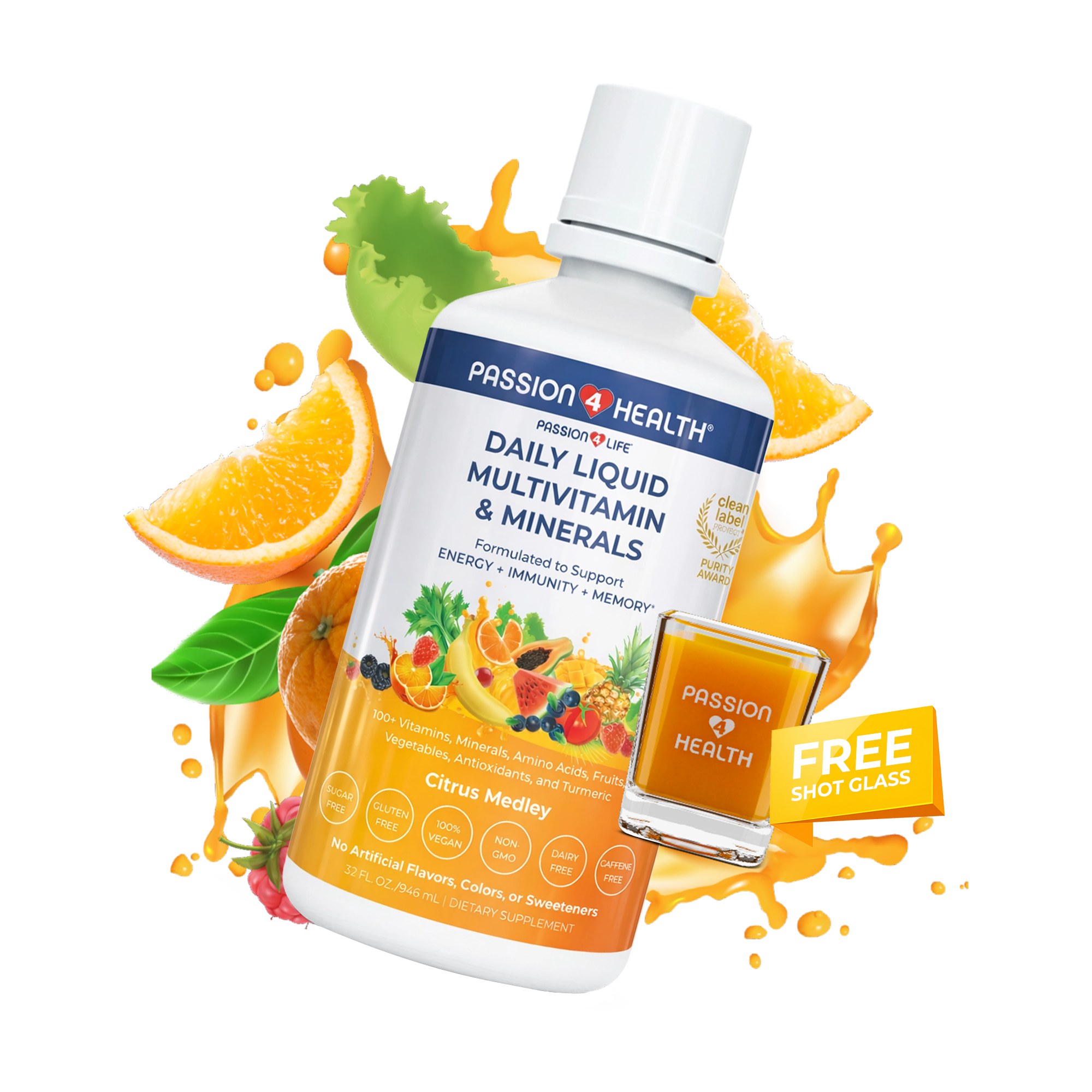 A bottle of Passion 4 Health Daily Liquid Multivitamins and Minerals, with an image of an orange, a lemon, a strawberry, and a banana. There is also a graphic indicating a free shot glass with the product.