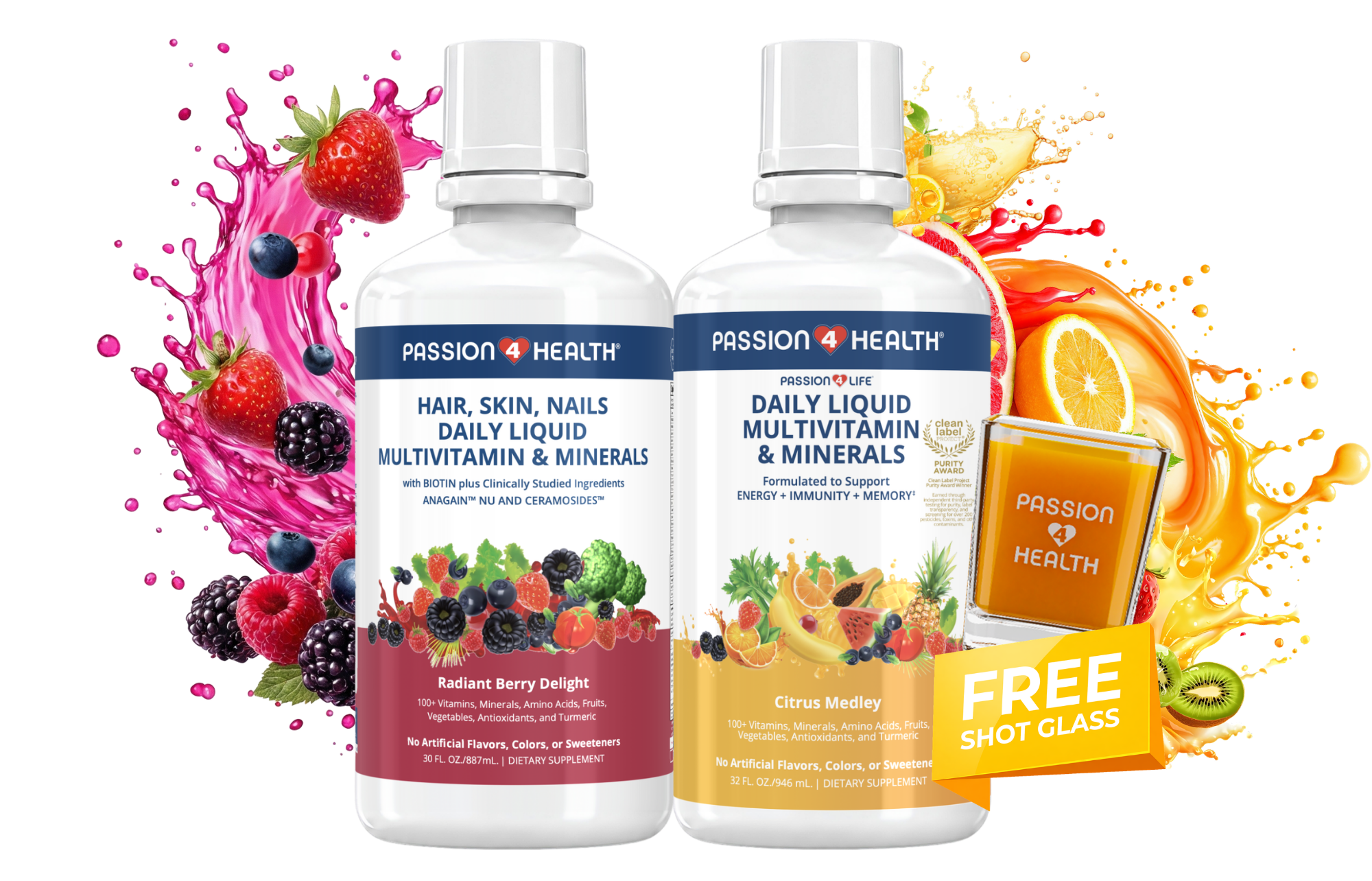 Two bottles of Passion Health liquid multivitamins and minerals on a white background, flanked by colorful fruit splashes and a yellow 'FREE SHOT GLASS' offer badge.