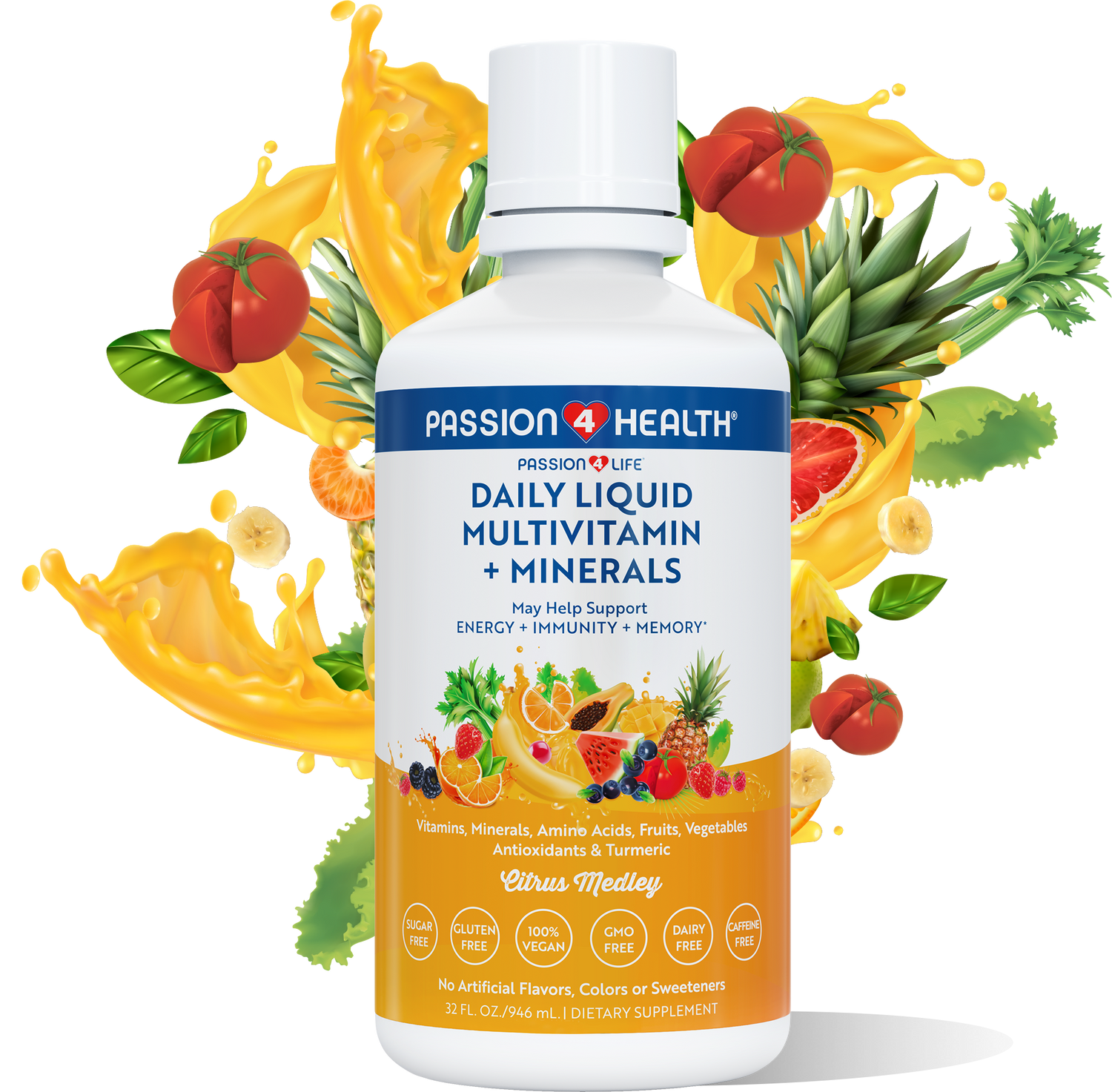 Bottle of Passion Health Daily Liquid Multivitamin with colorful fruit and vegetable background