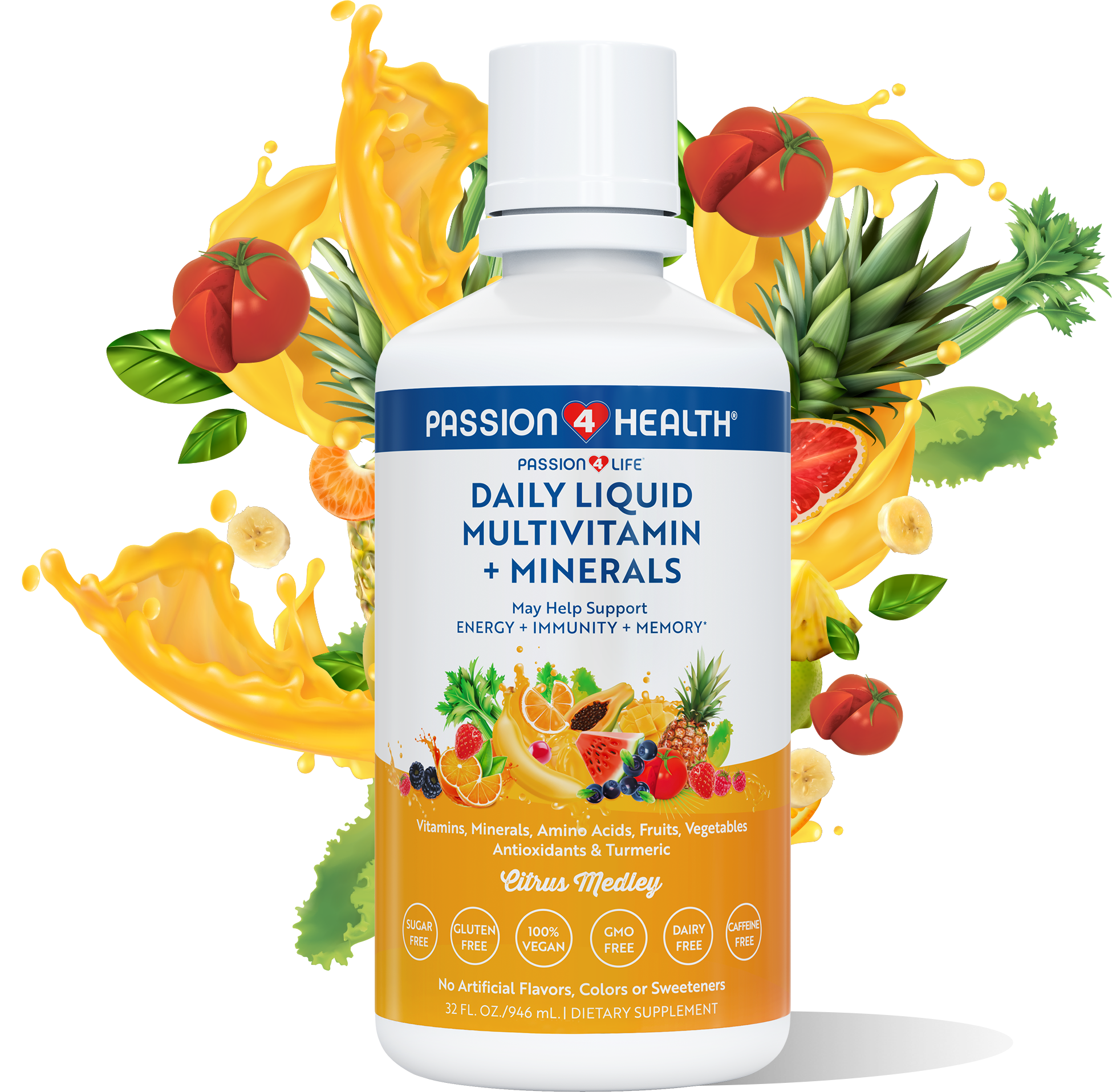 Bottle of Passion 4 Health Daily Liquid Multivitamin with colorful fruit and vegetable background