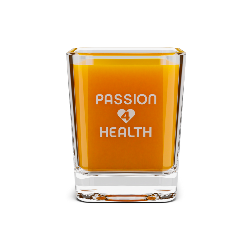Glass container with orange liquid and 'Passion 4 Health' text on an orange background