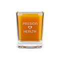 Glass container with orange liquid and 'Passion 4 Health' text on an orange background