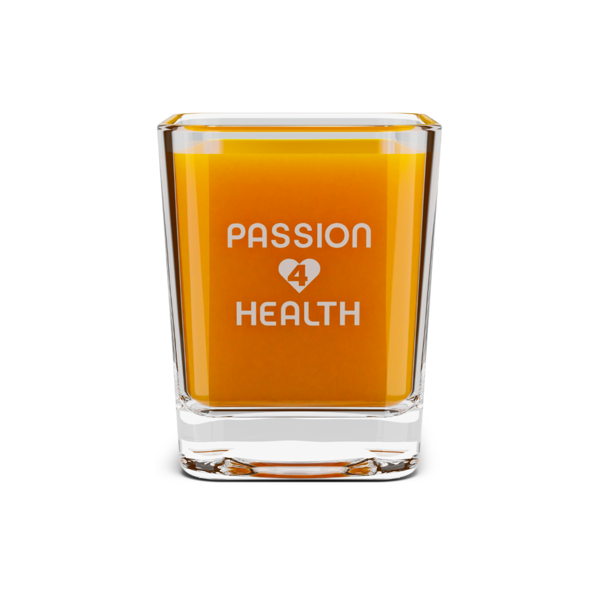 Glass container with orange liquid and 'Passion 4 Health' text on an orange background