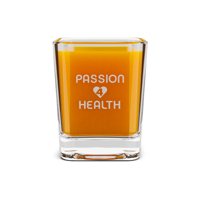 Glass container with orange liquid and 'Passion 4 Health' text on an orange background