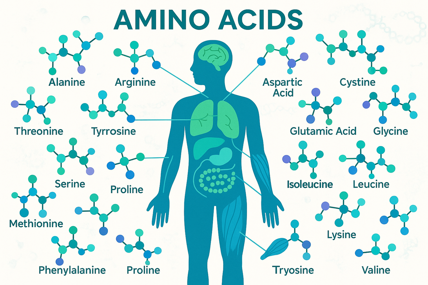 Amino Acids, found in significant amounts in tissues, cells, and muscles, contribute to various bodily functions, providing structure to cells. Key amino acids include Alanine, Arginine, Aspartic Acid, Cystine, Glutamic Acid, Glycine, Histidine, Isoleucine, Leucine, Lysine, Methionine, Phenylalanine, Proline, Serine, Threonine, Tryptophan, Tyrosine, and Valine.
