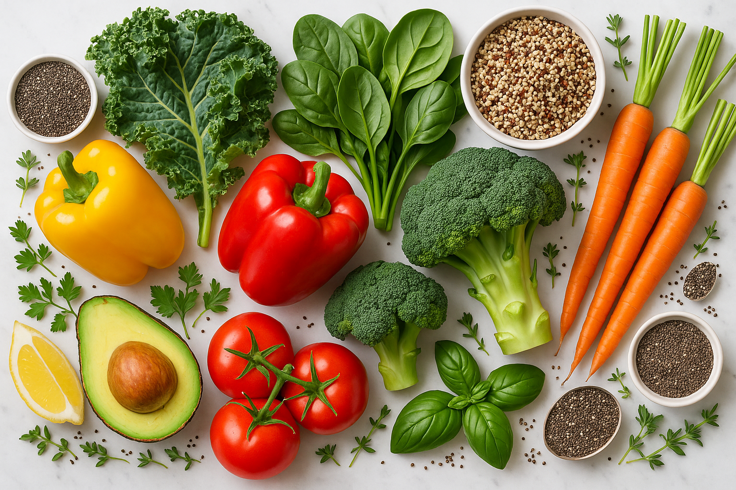 A spread of raw veggie Ingredients including carrots, spinach, kale, bell peppers, chia seeds, tomatoes, basil, lemon, avocado, broccoli, and quinoa