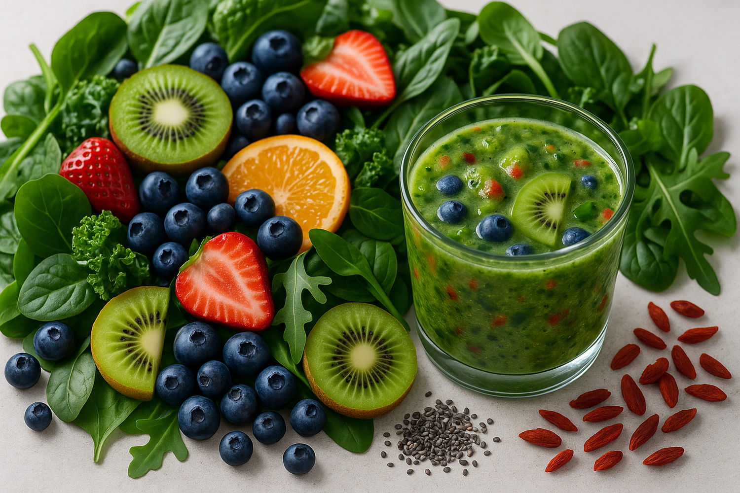 Colorful fruit and greens blend, both raw and blended into a smoothie, showcasing nutrient-rich ingredients in a proprietary health formula